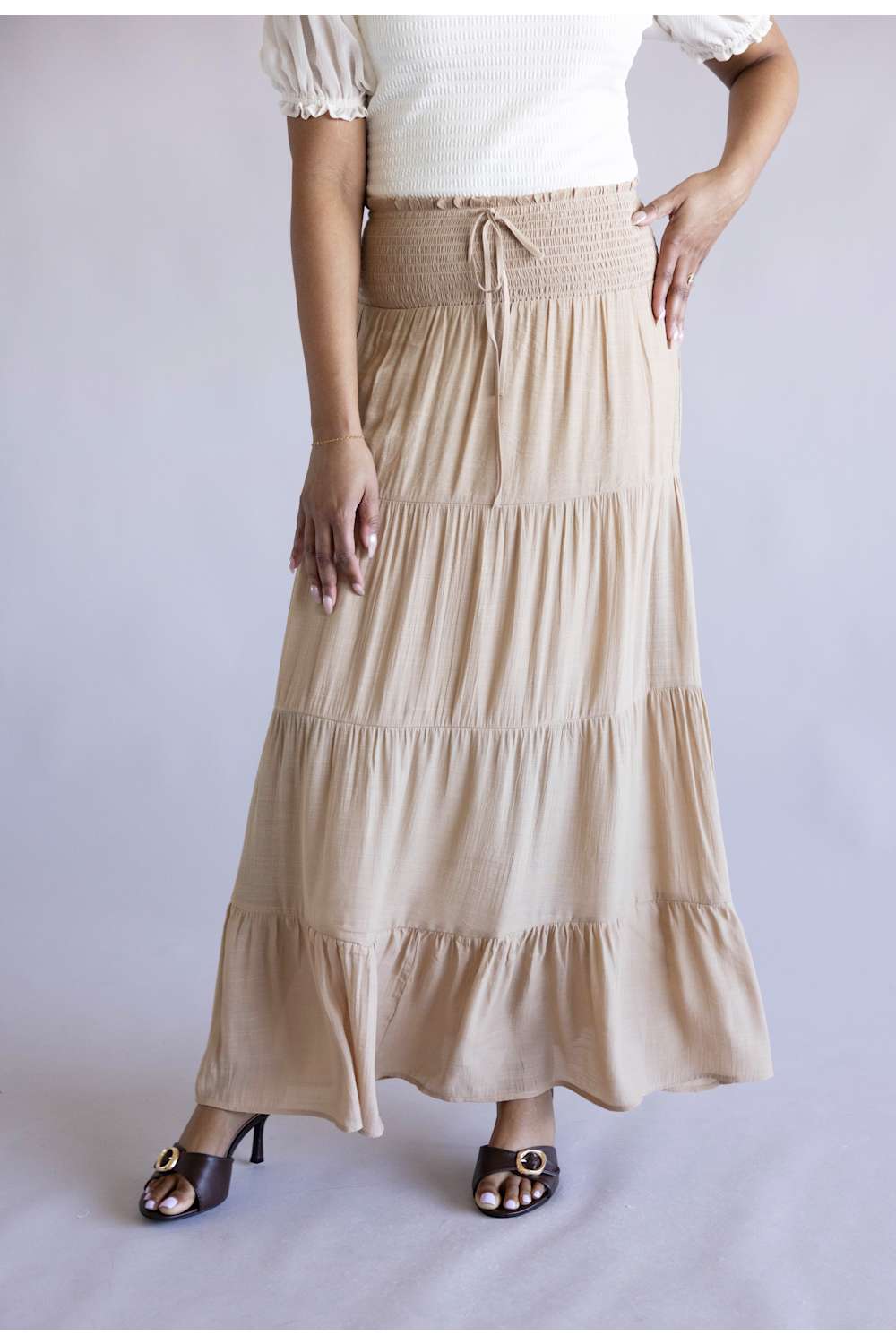 Love Tree Tie Waist Tiered Maxi Skirt for Women in Khaki  | 7289SH-KHAKI - Image 6