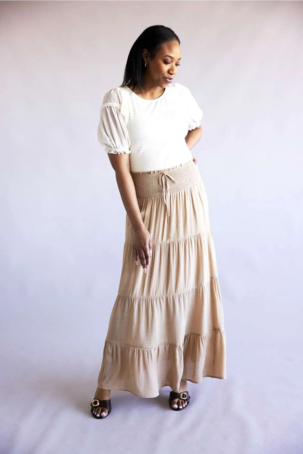 Love Tree Tie Waist Tiered Maxi Skirt for Women in Khaki  | 7289SH-KHAKI - Image 7