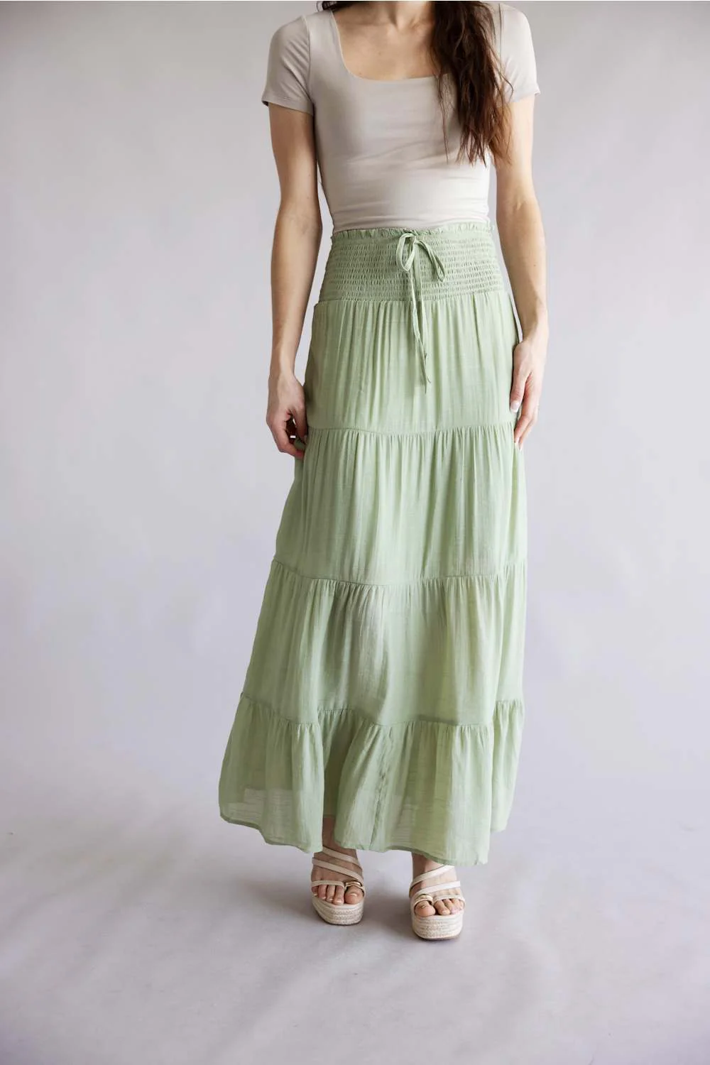 Love Tree Tie Waist Tiered Maxi Skirt for Women in Moss | 7289SH-MOSS - Image 2