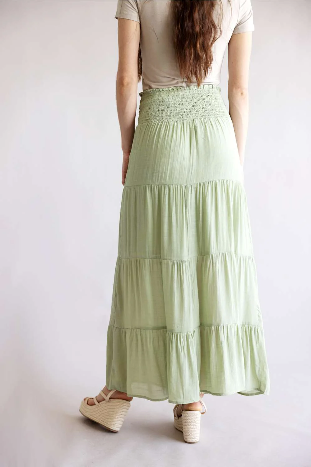 Love Tree Tie Waist Tiered Maxi Skirt for Women in Moss | 7289SH-MOSS - Image 3