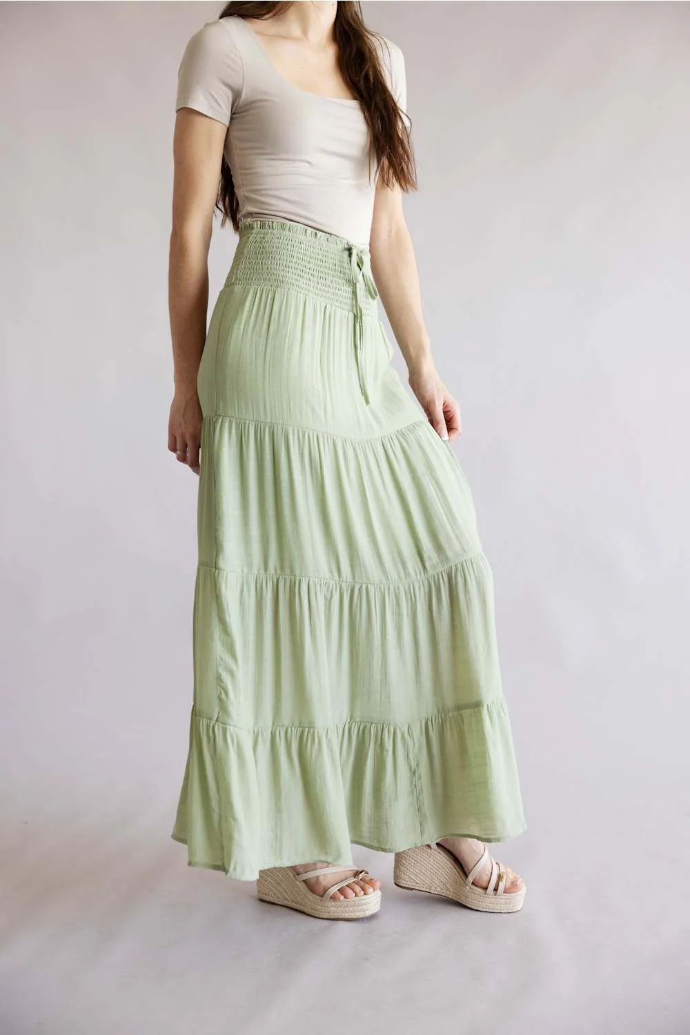 Love Tree Tie Waist Tiered Maxi Skirt for Women in Moss | 7289SH-MOSS - Image 4