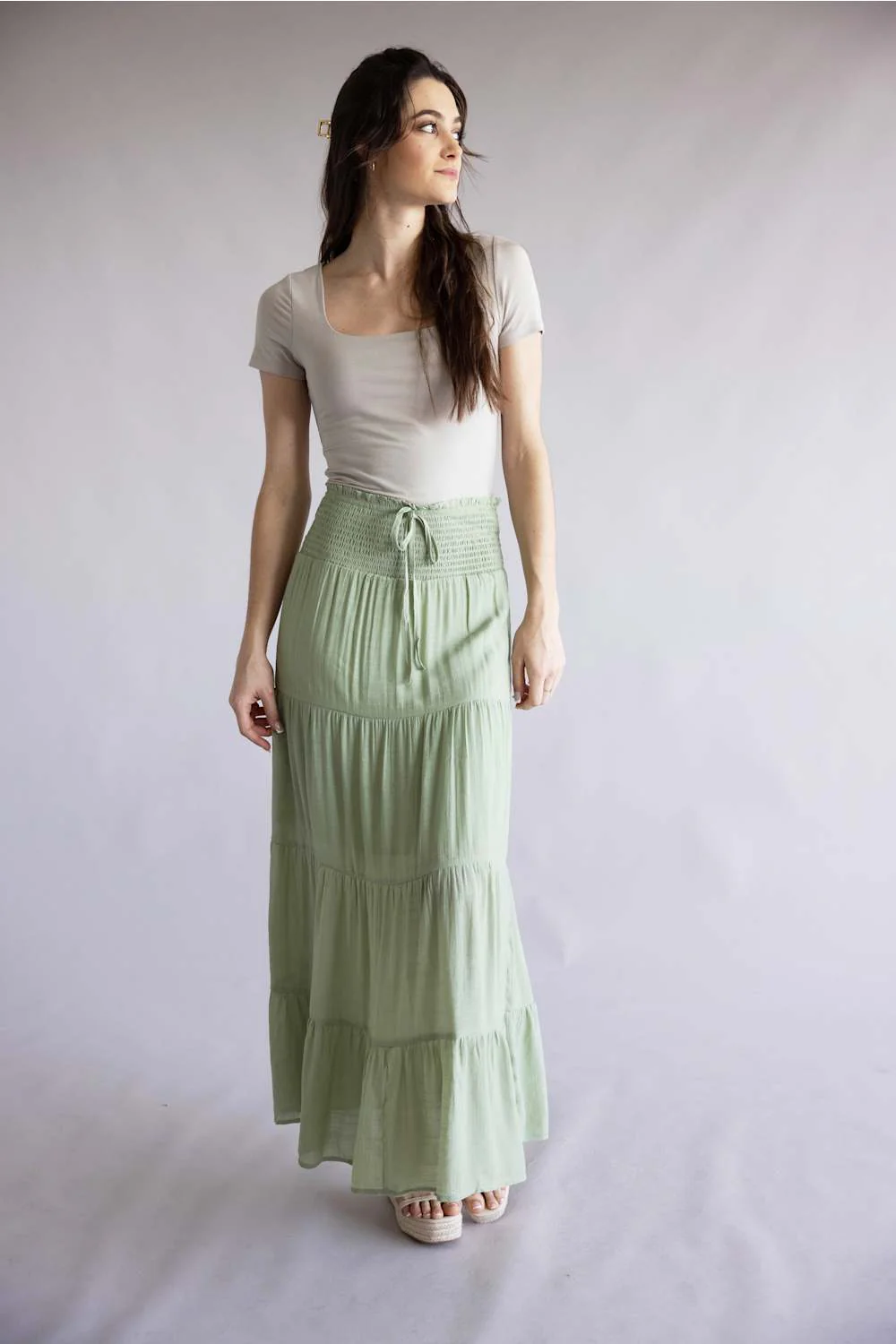 Love Tree Tie Waist Tiered Maxi Skirt for Women in Moss | 7289SH-MOSS - Image 5