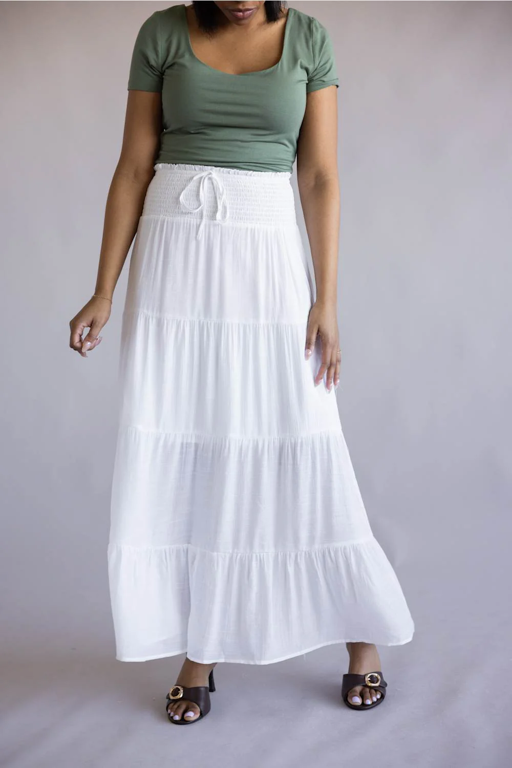 Love Tree Tie Waist Tiered Maxi Skirt for Women in White | 7289SH-WHITE - Image 2