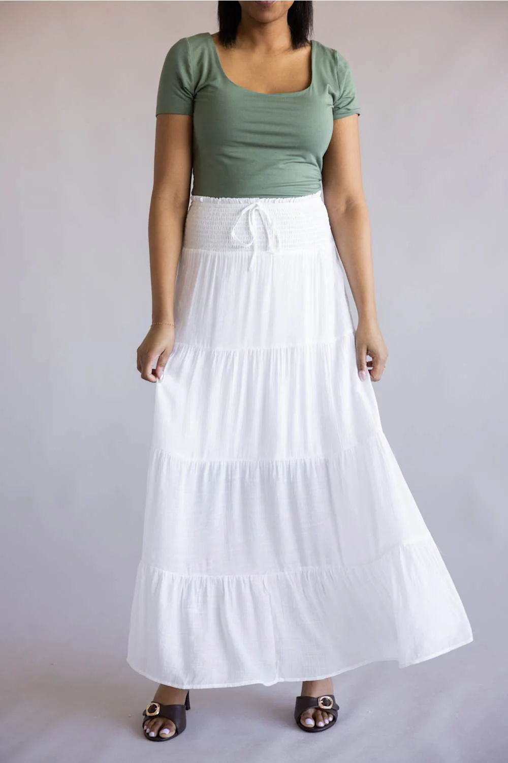 Love Tree Tie Waist Tiered Maxi Skirt for Women in White | 7289SH-WHITE - Image 3