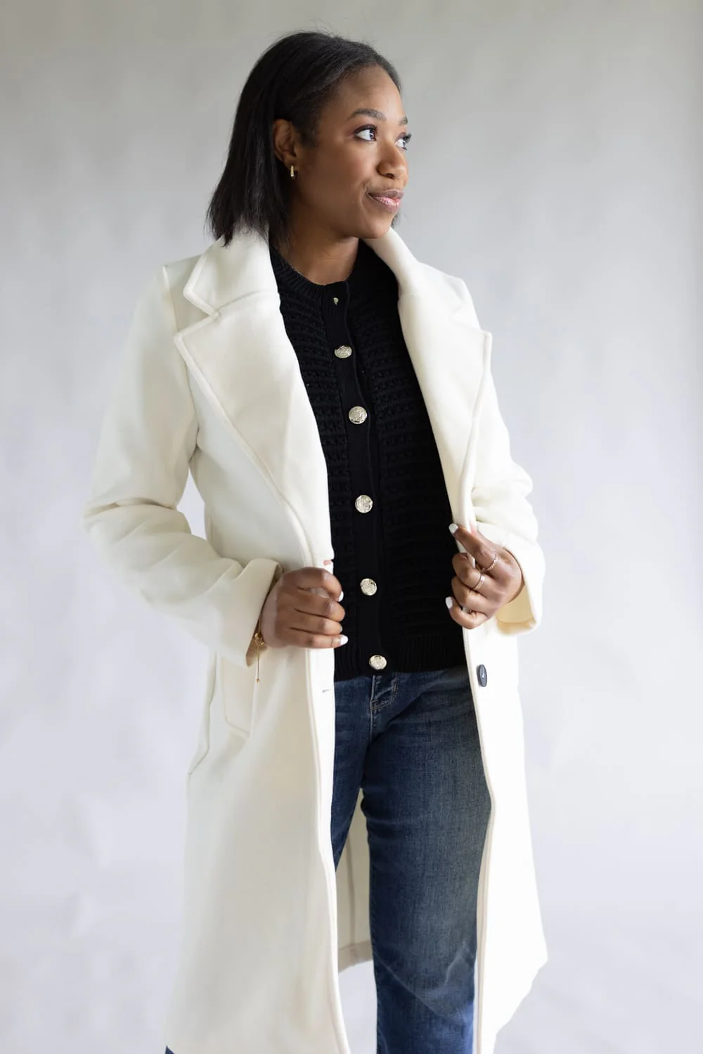 Love Tree Two Button Long Coat for Women in Ivory | 80260JN-IVORY - Image 2