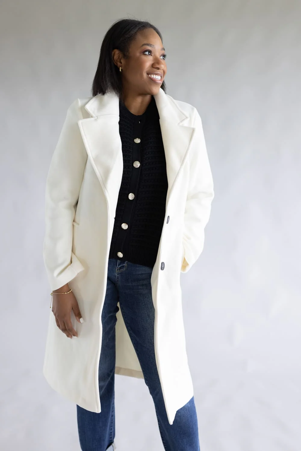 Love Tree Two Button Long Coat for Women in Ivory | 80260JN-IVORY - Image 4