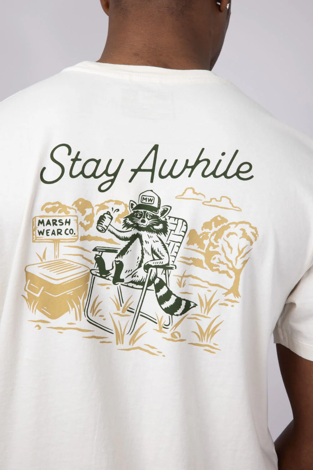 Marsh Wear Stay Awhile Raccoon T-Shirt for Men in White | MWT5018-VWHT - Image 3