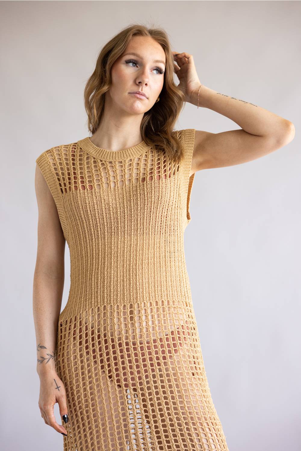 Mesh Longline Tunic Cover-Up for Women in Camel | WLD410039-CAM - Image 2