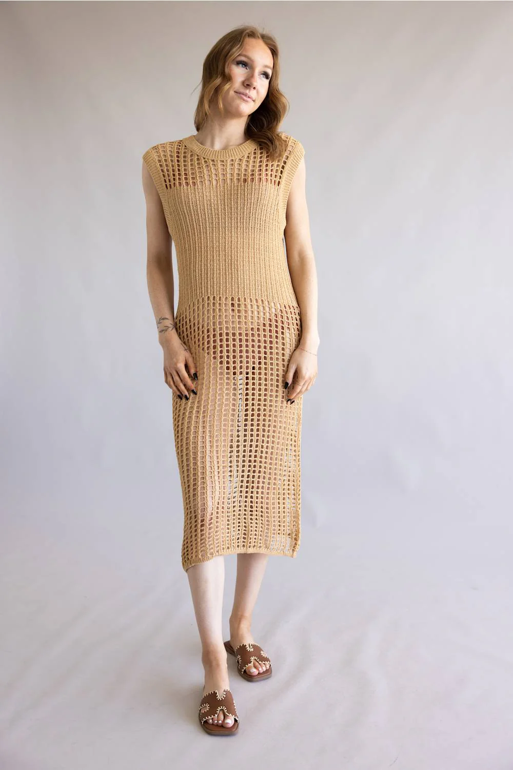 Mesh Longline Tunic Cover-Up for Women in Camel | WLD410039-CAM - Image 4
