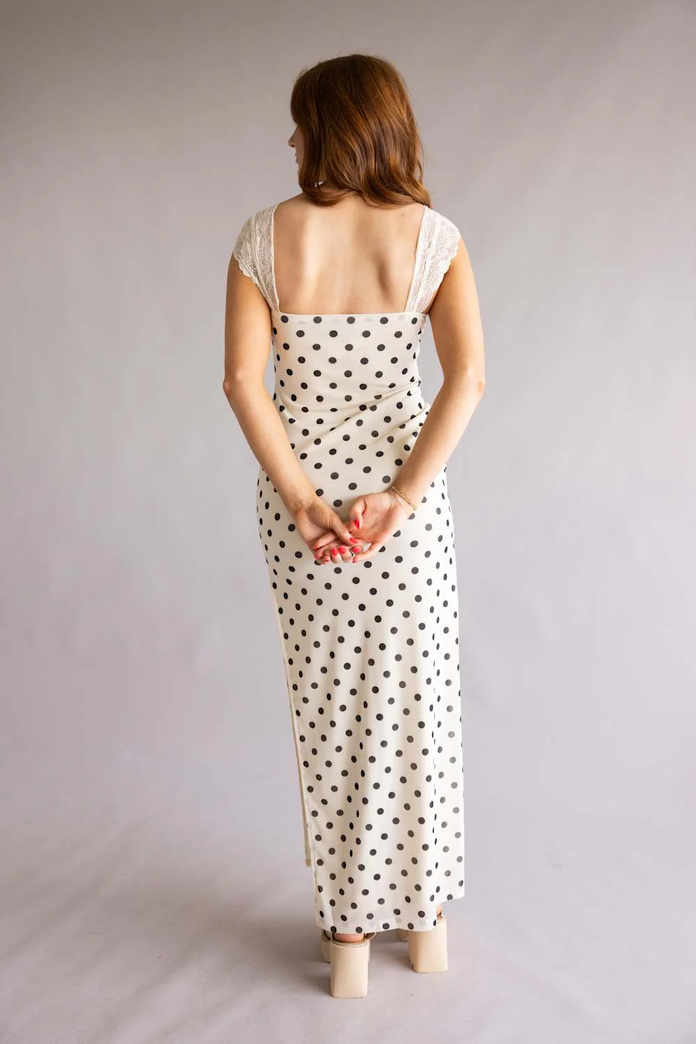 Mesh Polka Dot Lace Detail Maxi Dress for Women in Cream | IBD30145-8-CREAMBLACK - Image 4