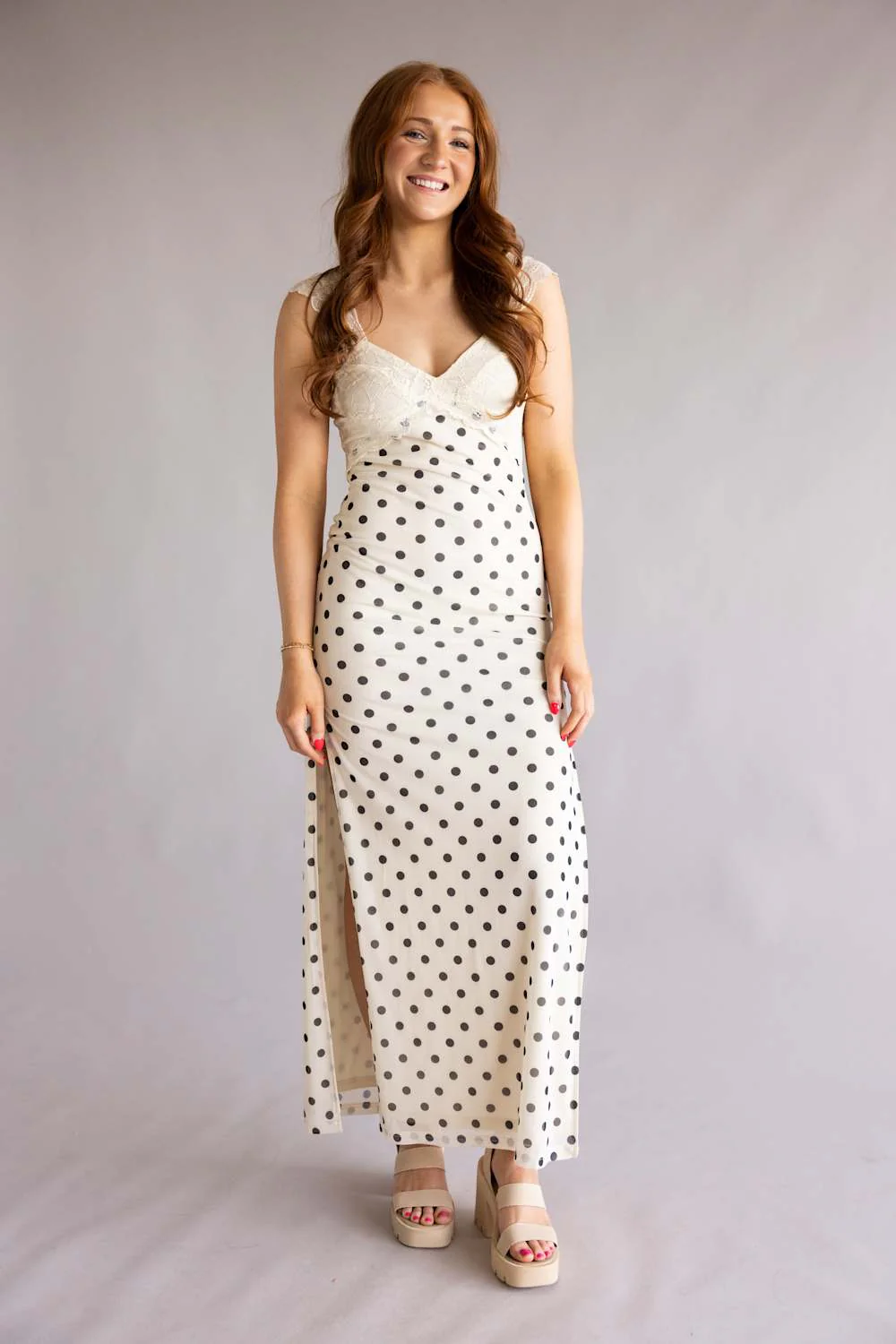 Mesh Polka Dot Lace Detail Maxi Dress for Women in Cream | IBD30145-8-CREAMBLACK - Image 5