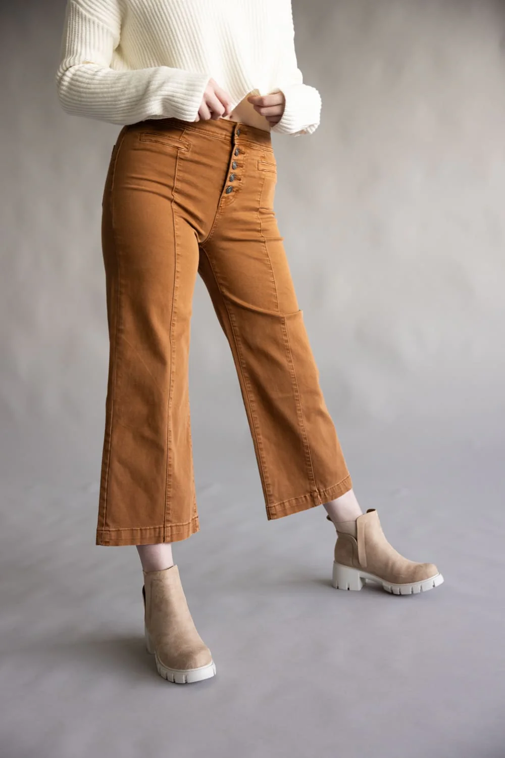 Mica High Rise Button Fly Cropped Wide Leg Jeans for Women in Caramel | MDP-W2004CL - Image 3