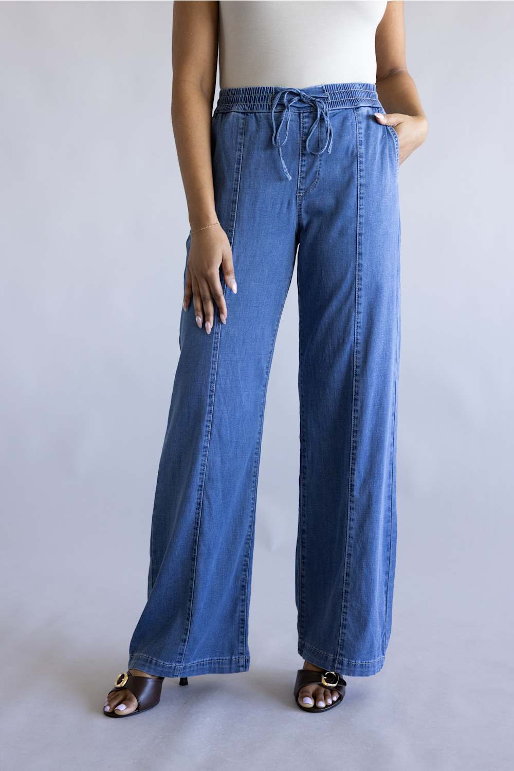 Mica High Rise Drawstring Wide Leg Pants for Women in Denim | MDP-G3768M - Image 3