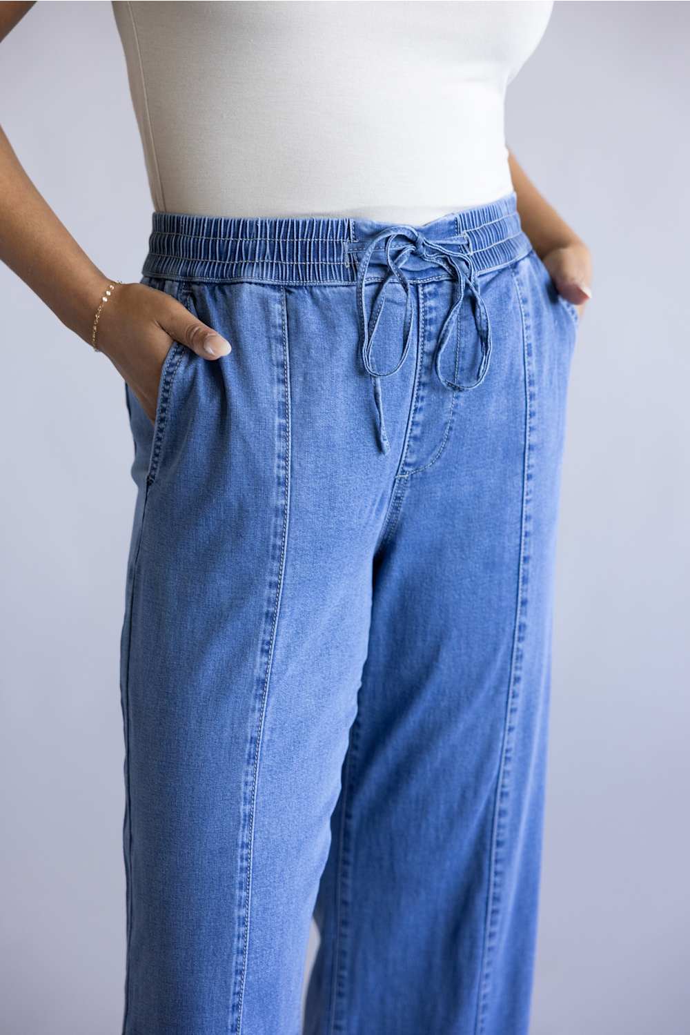 Mica High Rise Drawstring Wide Leg Pants for Women in Denim | MDP-G3768M - Image 4
