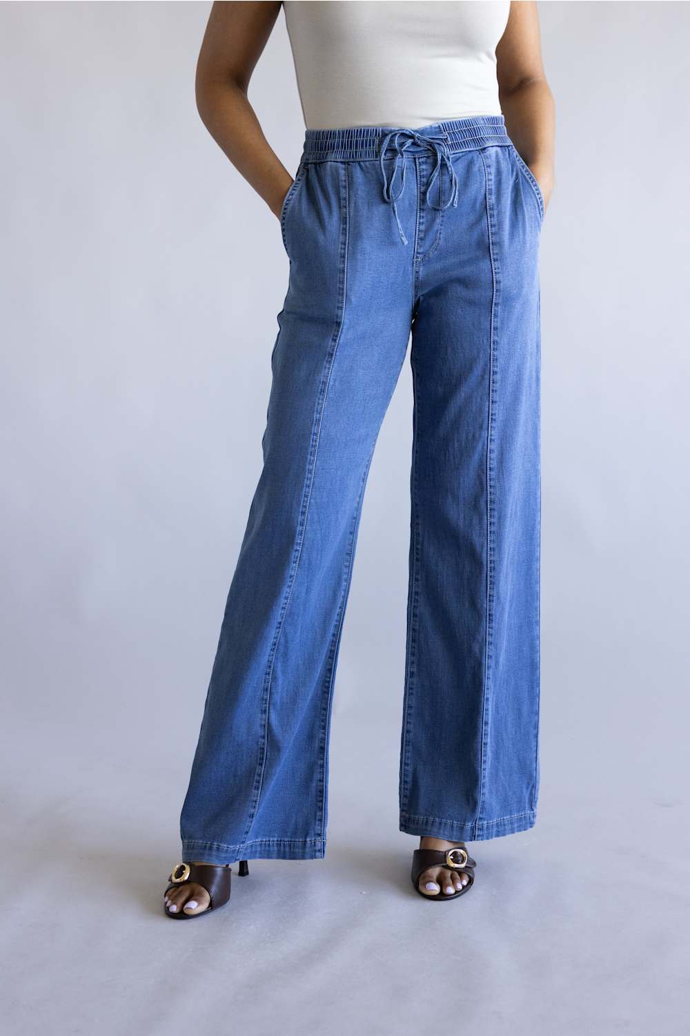 Mica High Rise Drawstring Wide Leg Pants for Women in Denim | MDP-G3768M - Image 5