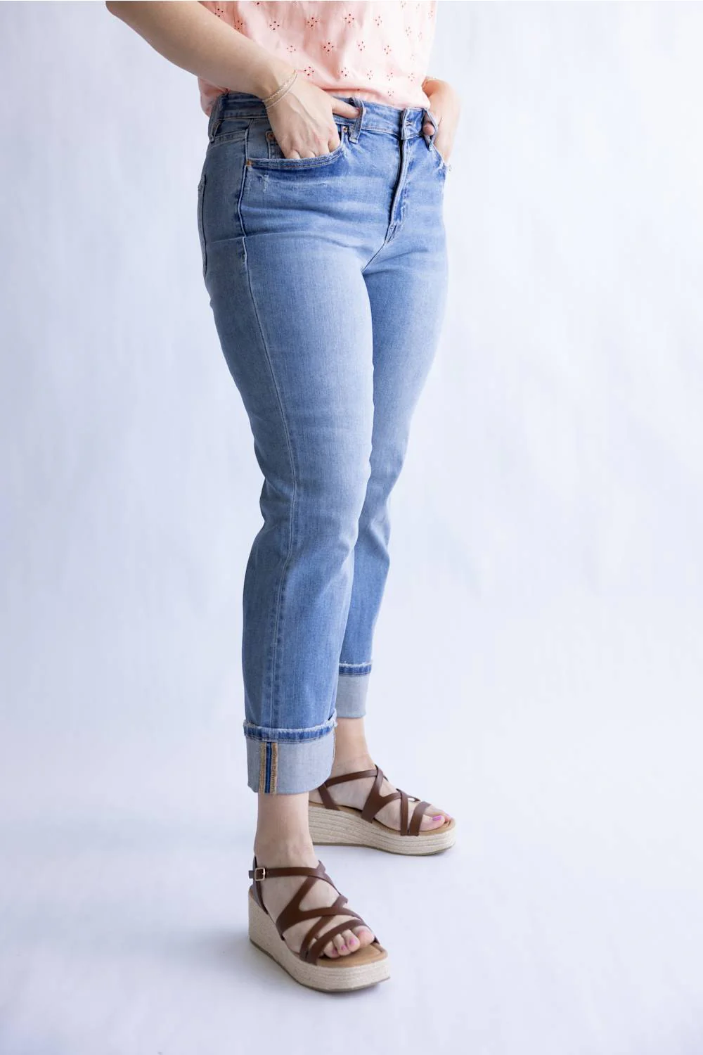 Mica Mid Rise Crop Straight Leg Cuffed Jeans for Women | MDP-T3865 - Image 2
