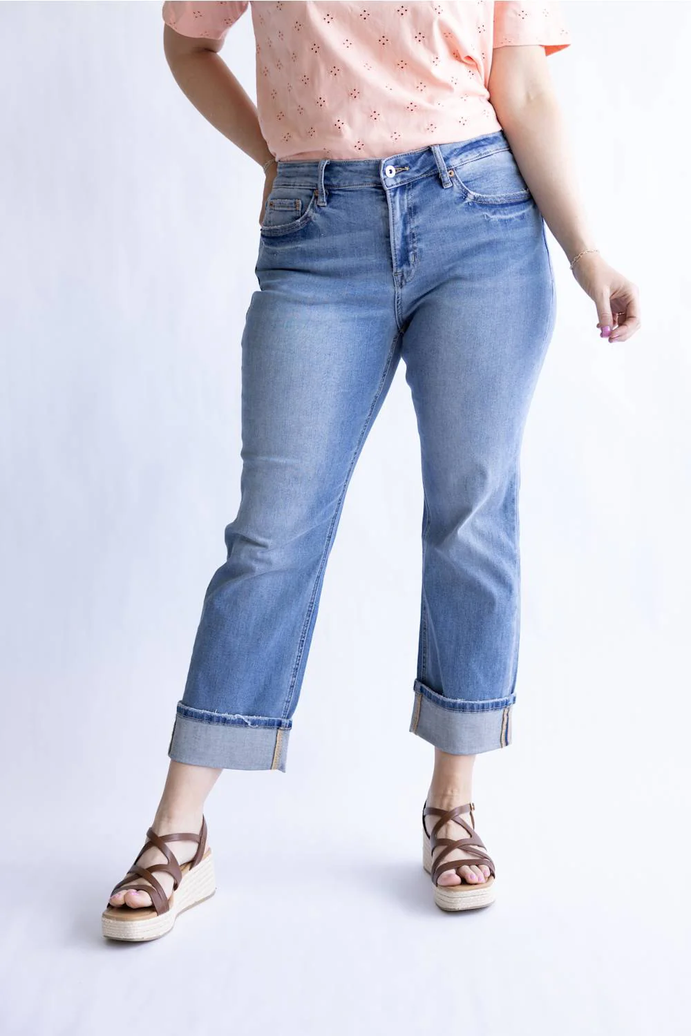 Mica Mid Rise Crop Straight Leg Cuffed Jeans for Women | MDP-T3865 - Image 4