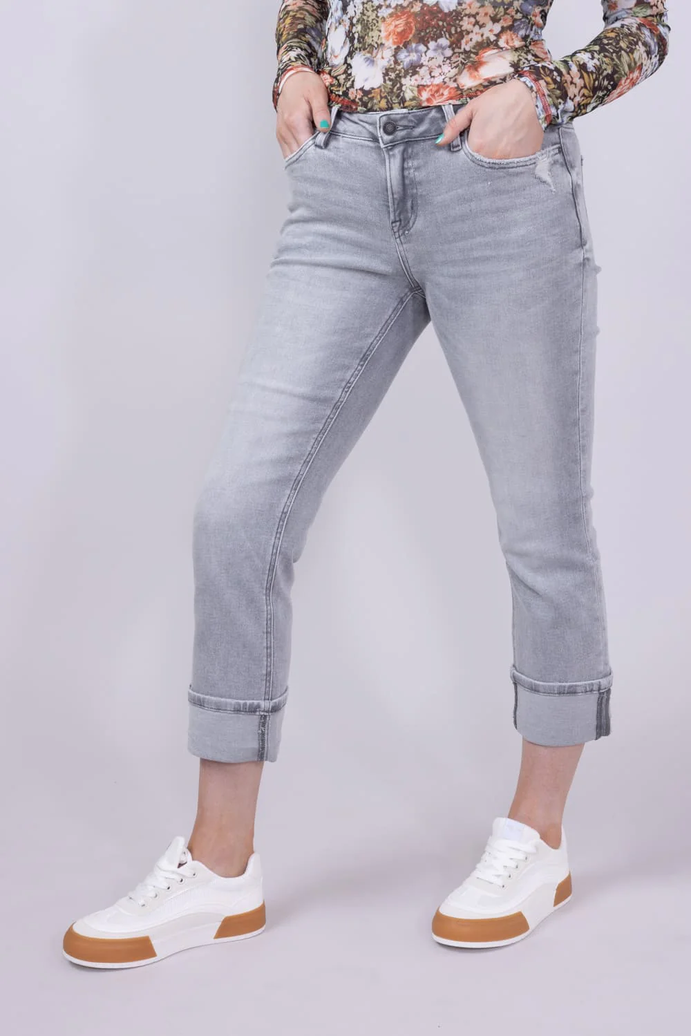 Mica Mid Rise Cuffed Straight Jeans for Women in Grey | MDP-T3385 - Image 4