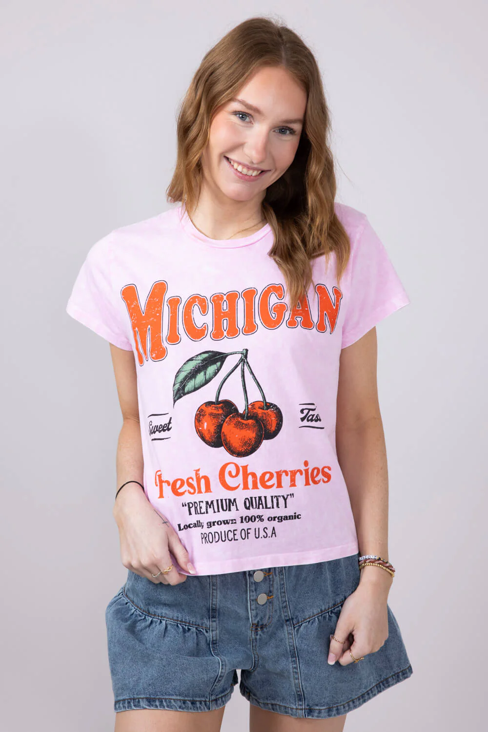 Michigan Cherry Graphic T-Shirt for Women in Pink | H7023TK-BEGONIAPINK - Image 2