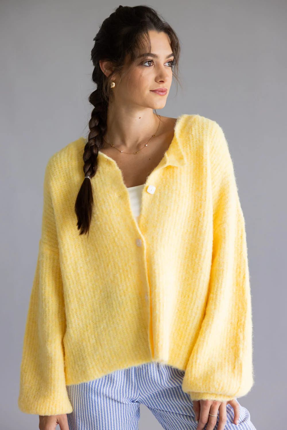 Mimosa Balloon Sleeve Knit Cardigan for Women in Yellow | MK7129-BUTTER - Image 2