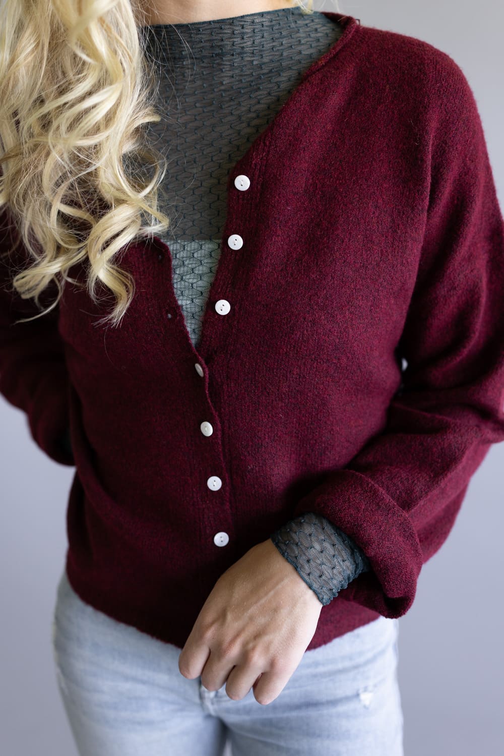 Mimosa Classic Lightweight Cardigan for Women in Burgundy | MK7091-BURGUNDY - Image 3