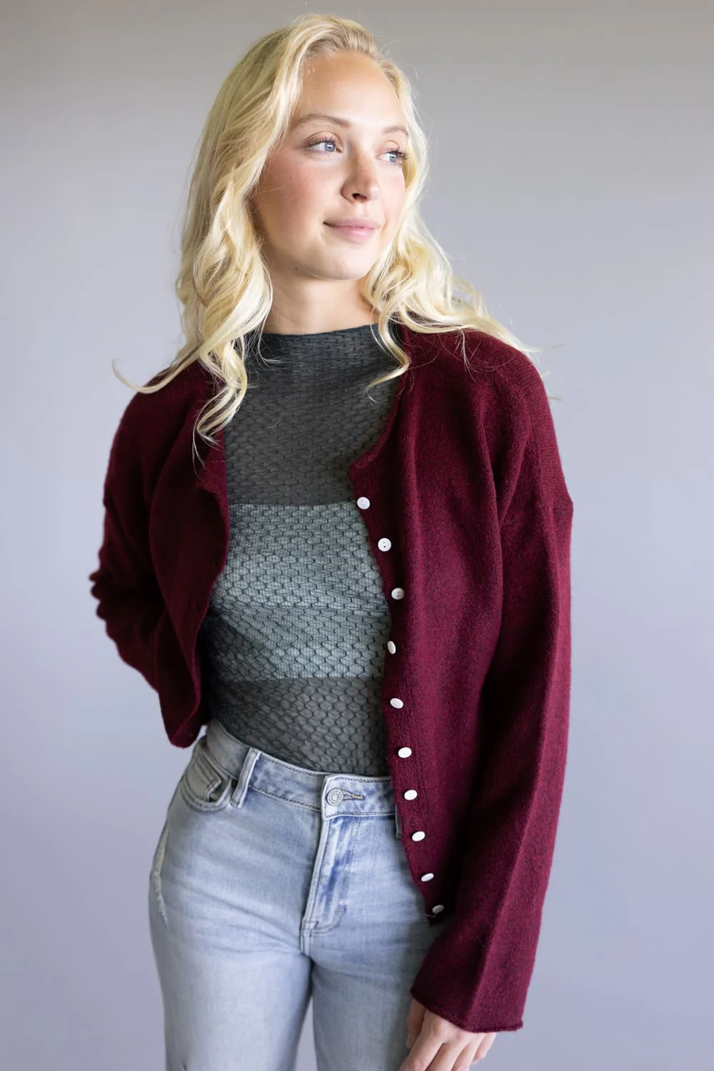 Mimosa Classic Lightweight Cardigan for Women in Burgundy | MK7091-BURGUNDY - Image 4