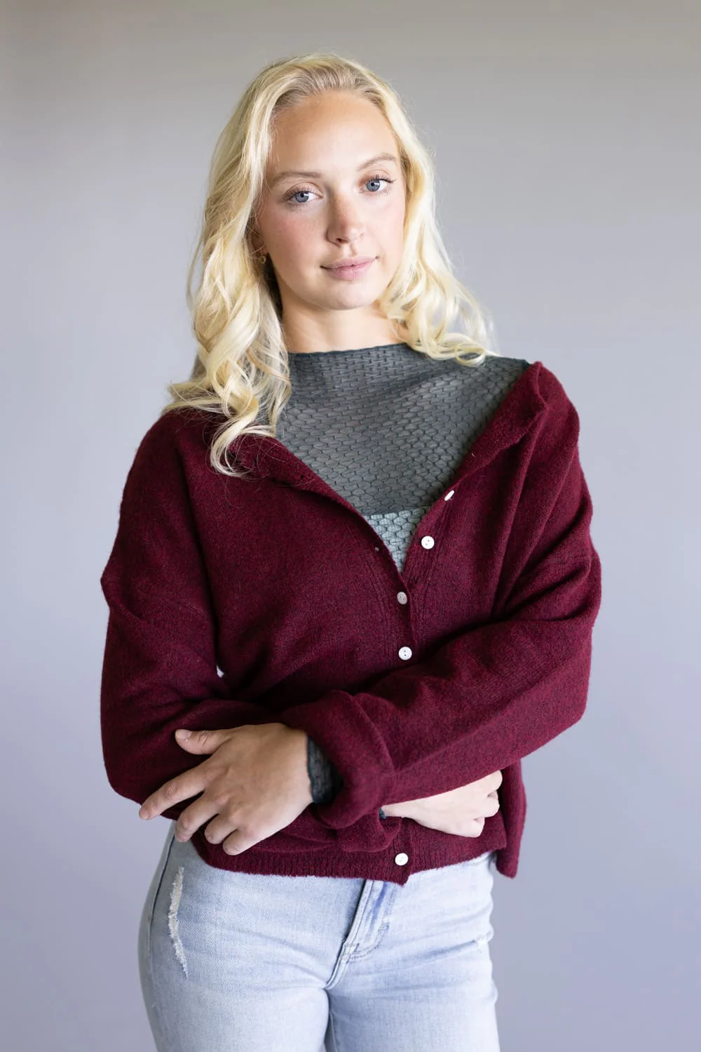Mimosa Classic Lightweight Cardigan for Women in Burgundy | MK7091-BURGUNDY - Image 5