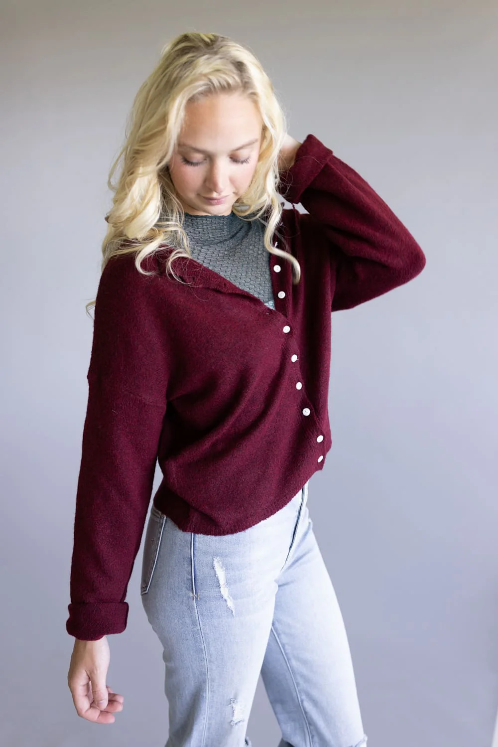 Mimosa Classic Lightweight Cardigan for Women in Burgundy | MK7091-BURGUNDY - Image 6