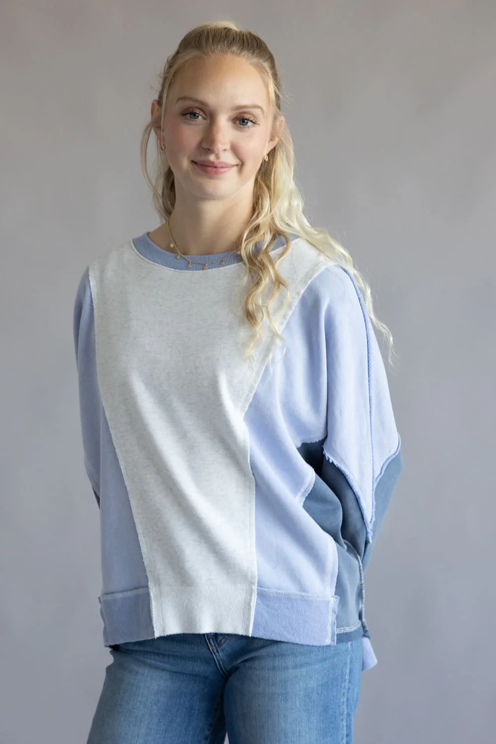 Mineral Wash Color Block Pullover for Women in Blue Combo | S15331-BLU - Image 2