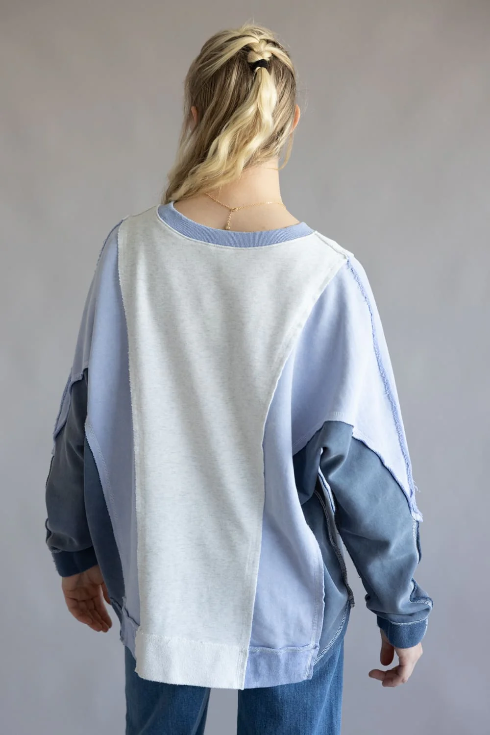 Mineral Wash Color Block Pullover for Women in Blue Combo | S15331-BLU - Image 4