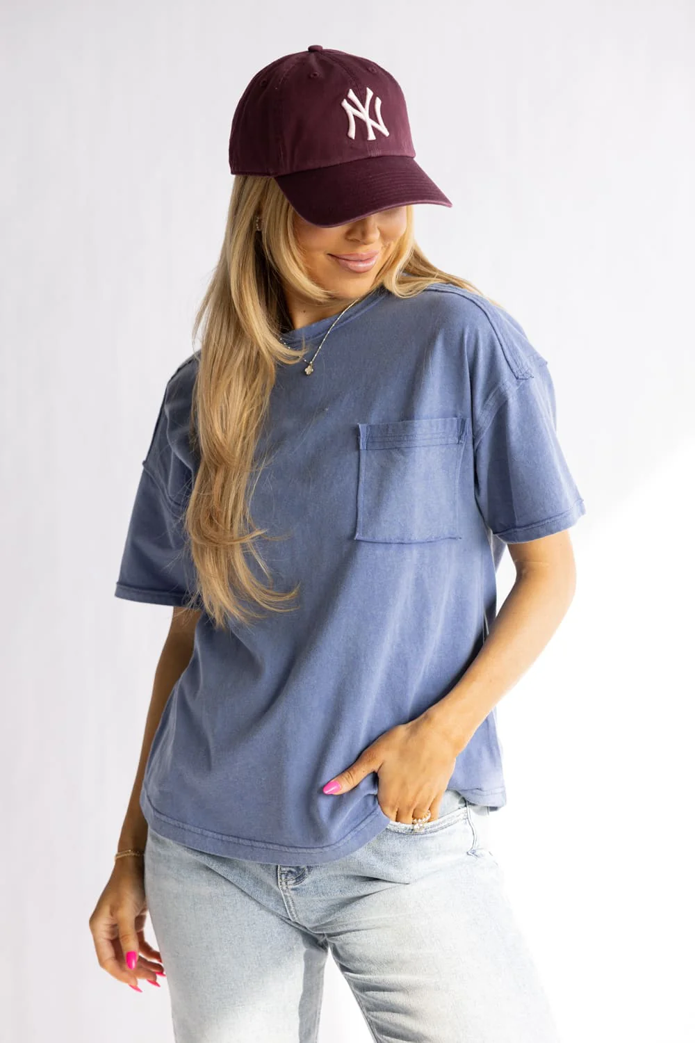 Mineral Wash Pocket T-Shirt for Women in Blue | NT11108-BLUE - Image 2