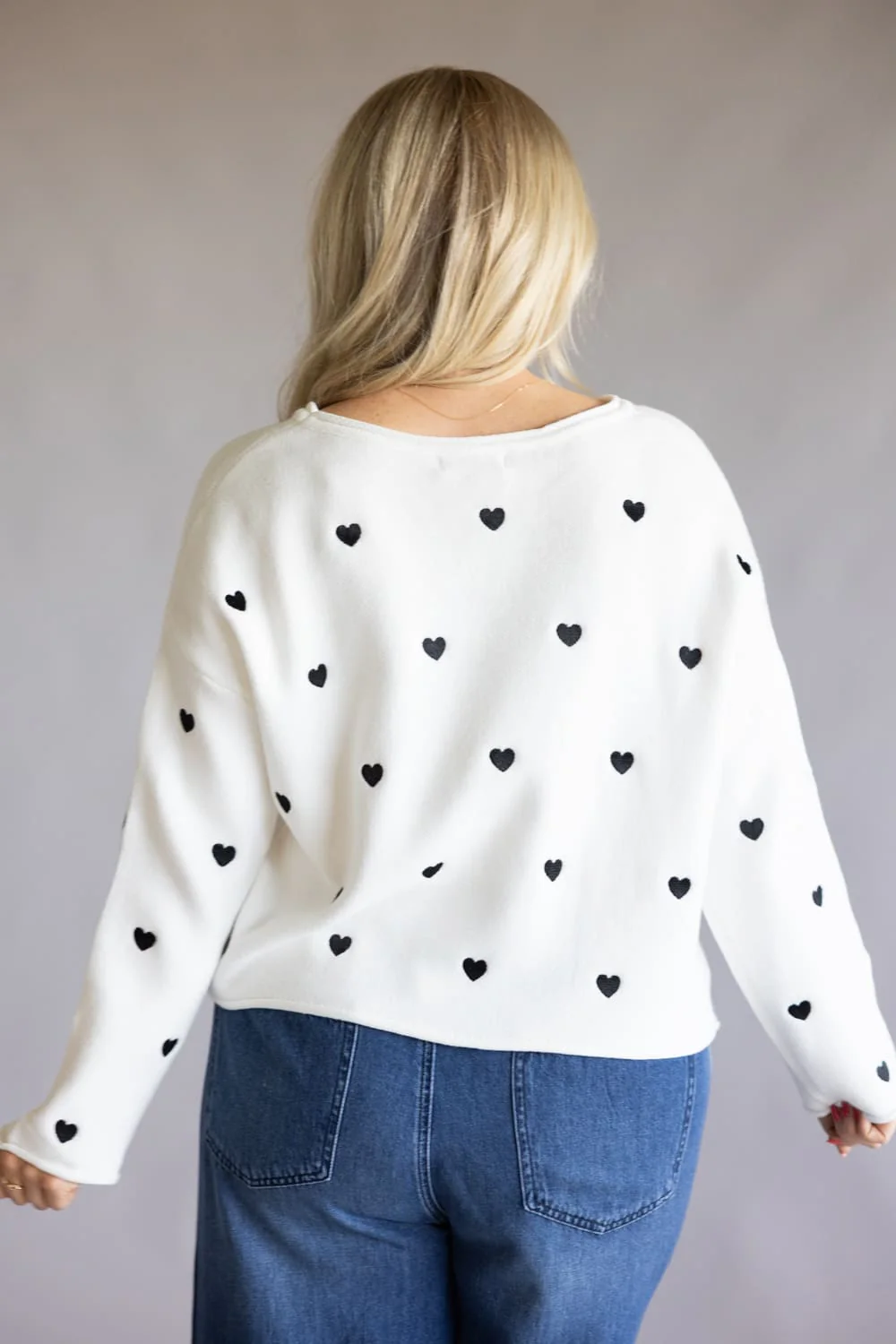 Miracle Heart Confetti Embroidered Crop Sweater for Women in Ivory Black | W8379-IVORYBLACK - Image 3