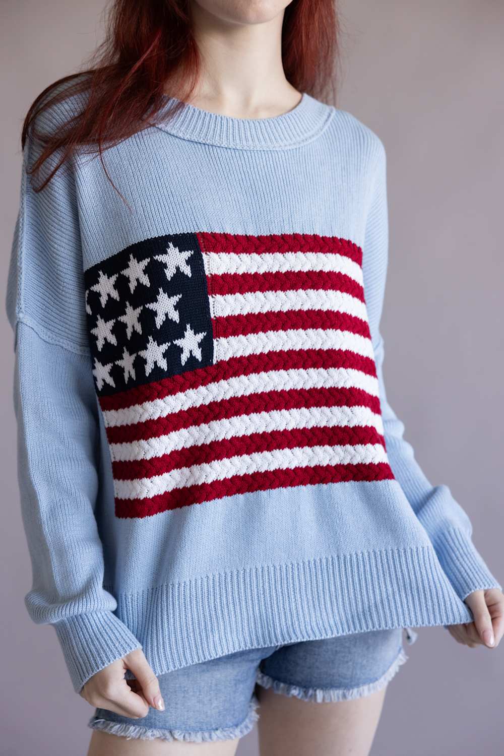 Miracle Knit American Flag Sweater for Women in Light Blue | M8167-LBLUE - Image 2