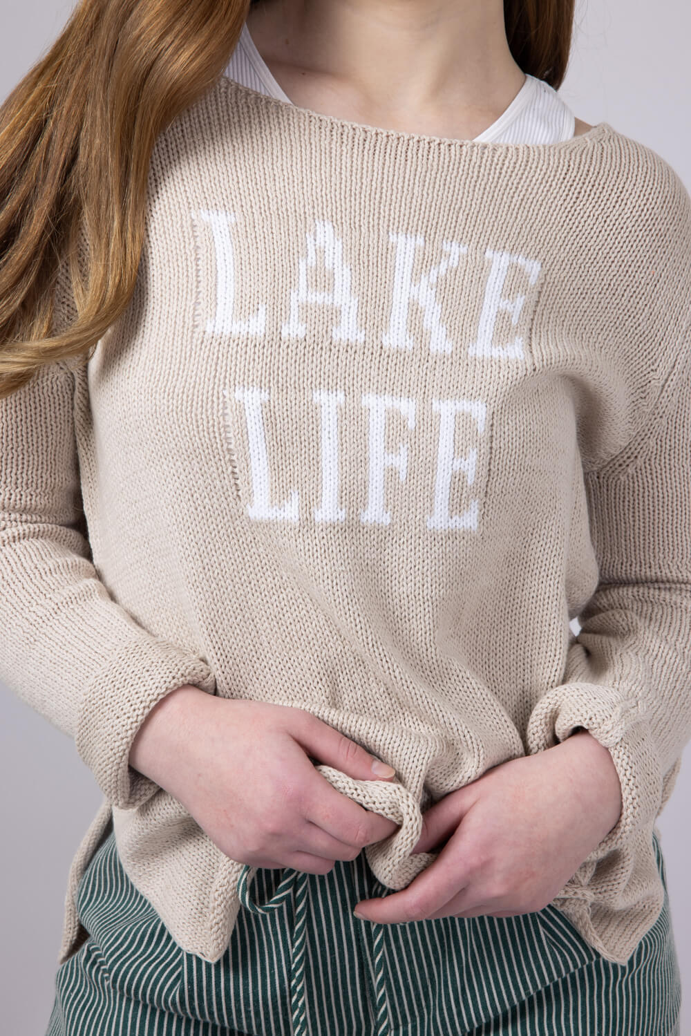 Miracle Lake Life Lightweight Sweater for Women in Khaki/Ivory | F139-KHAKIIVORY - Image 3