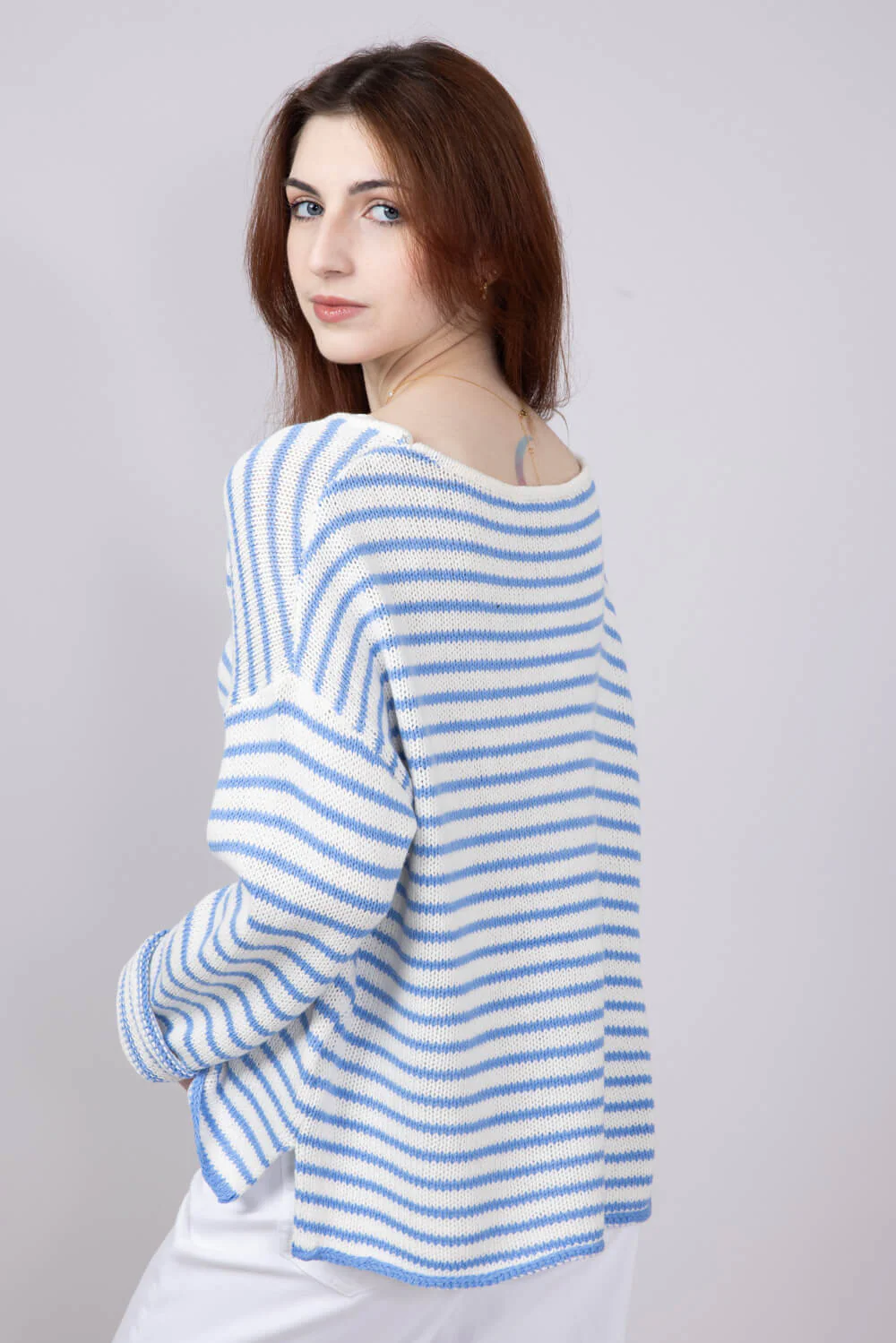 Miracle Lightweight Gauge Stripe Sweater for Women in Cream/Light Blue | F189-CREAMSKYBLUE - Image 2