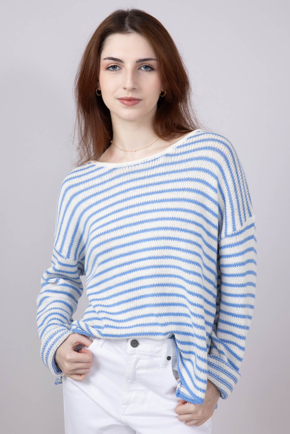 Miracle Lightweight Gauge Stripe Sweater for Women in Cream/Light Blue | F189-CREAMSKYBLUE - Image 3