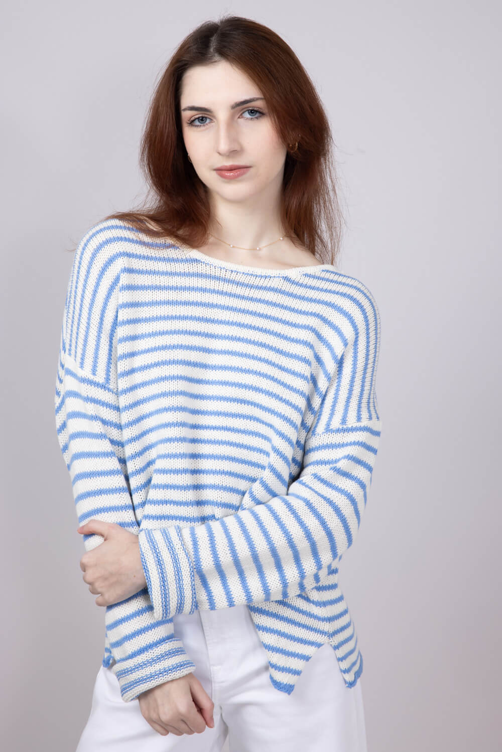Miracle Lightweight Gauge Stripe Sweater for Women in Cream/Light Blue | F189-CREAMSKYBLUE - Image 4