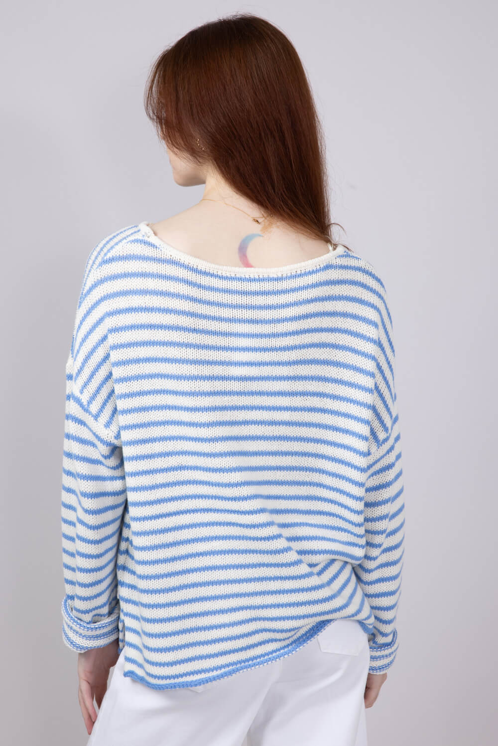 Miracle Lightweight Gauge Stripe Sweater for Women in Cream/Light Blue | F189-CREAMSKYBLUE - Image 5