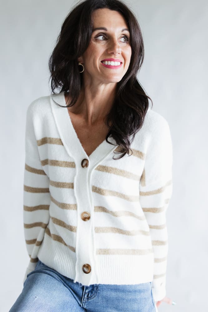 Miracle Stripe Cardigan Sweater for Women in Ivory | F2126-IVORYBEIGE - Image 2