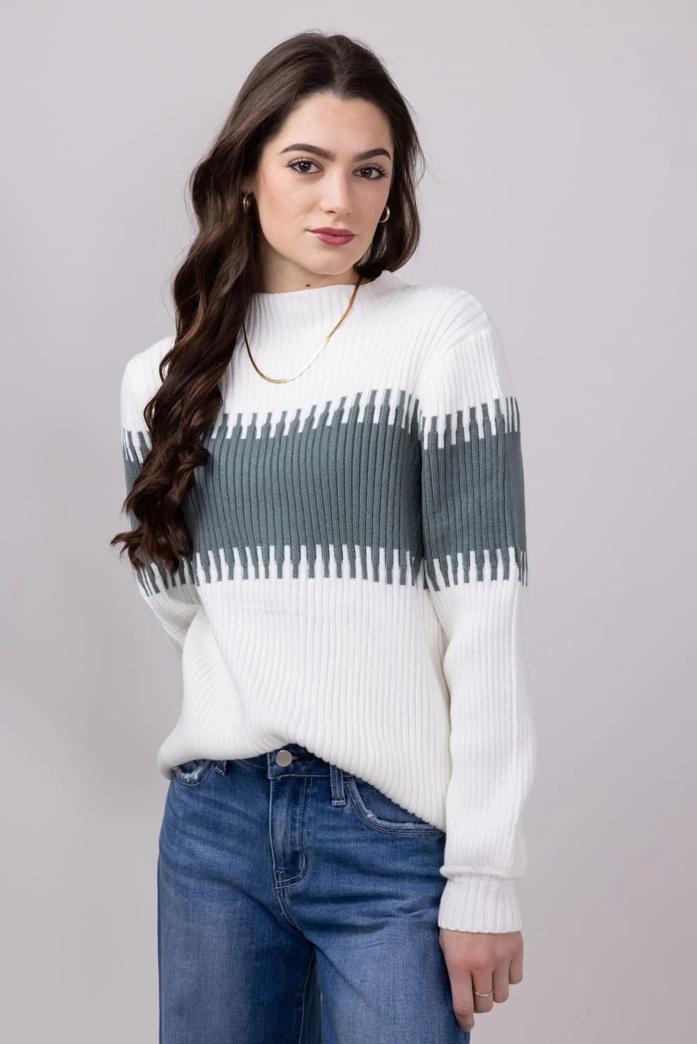 Miracle Stripe Key Sweater for Women in Ivory Sage | M8183-IVORYSAGE - Image 3