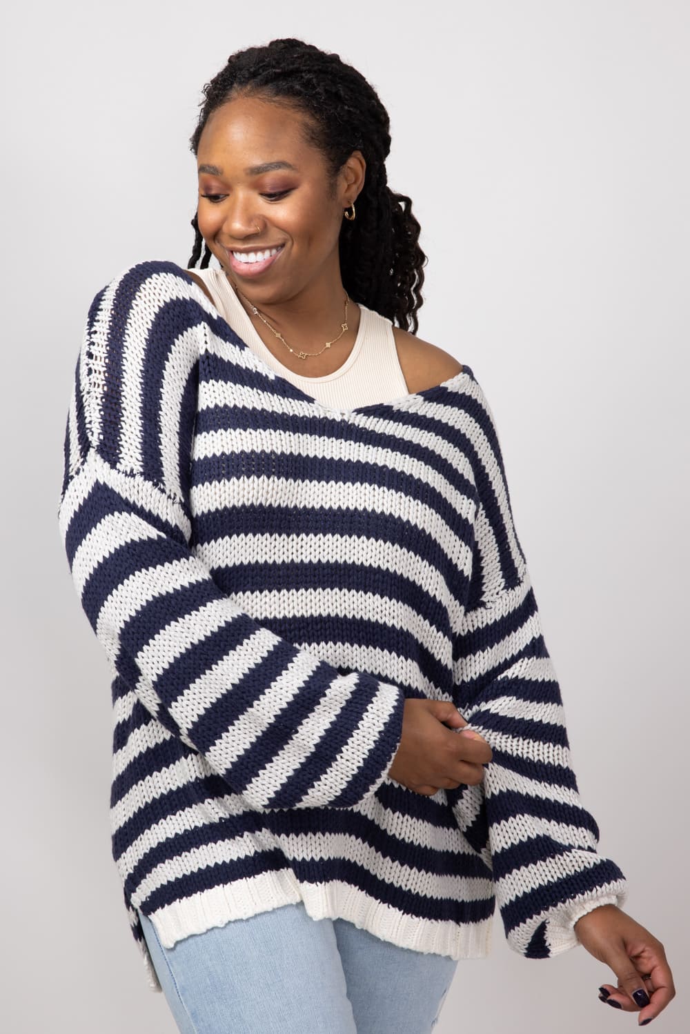 Miracle Striped V Neck Sweater for Women in Denim Combo | F183-DENIMCOMBO - Image 2