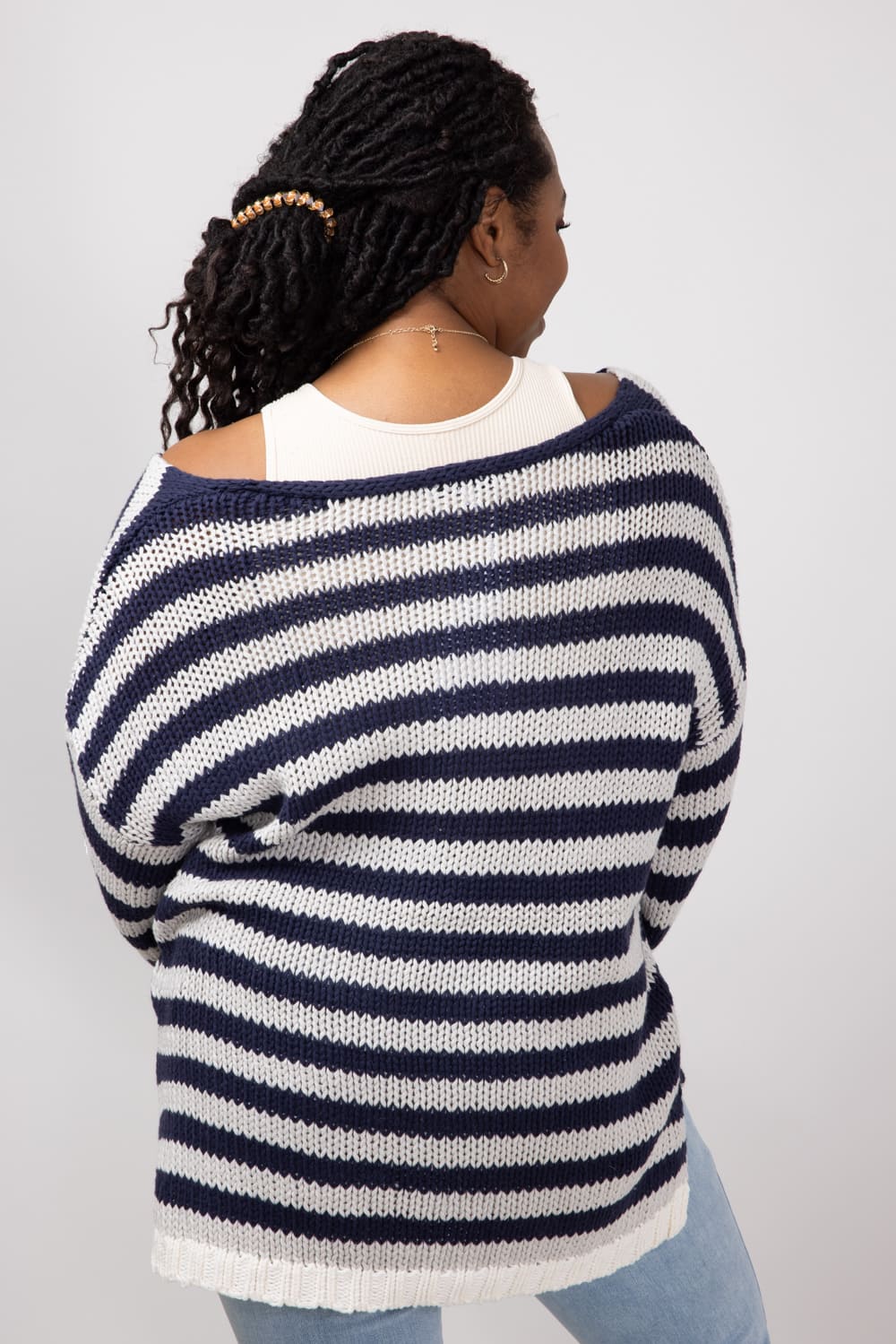 Miracle Striped V Neck Sweater for Women in Denim Combo | F183-DENIMCOMBO - Image 3