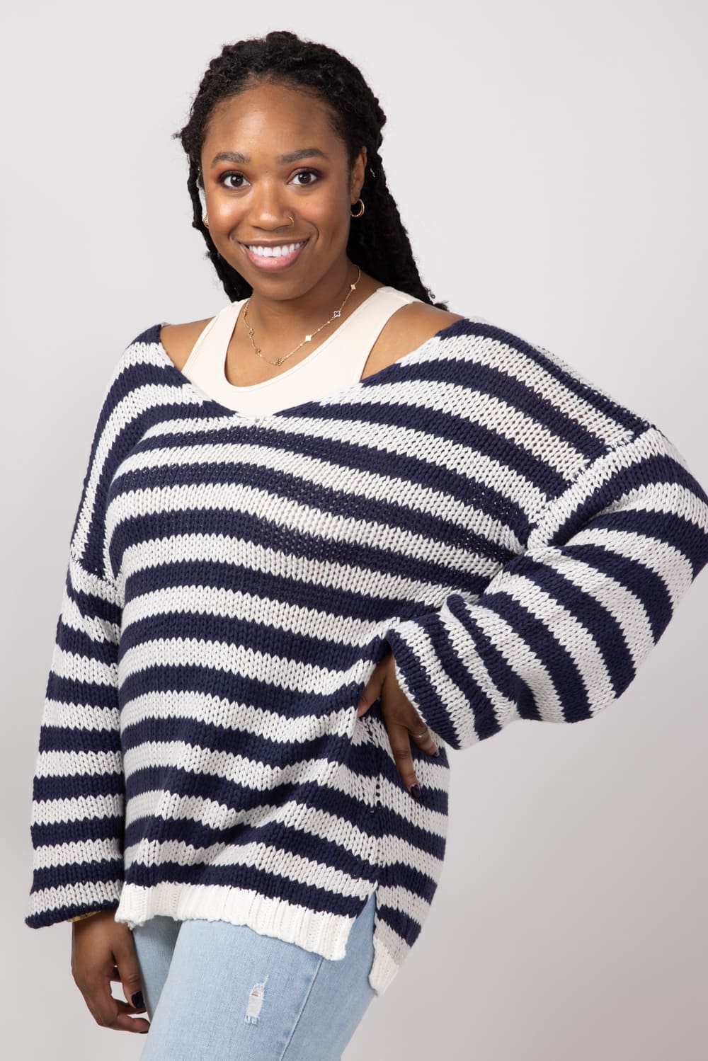 Miracle Striped V Neck Sweater for Women in Denim Combo | F183-DENIMCOMBO - Image 4