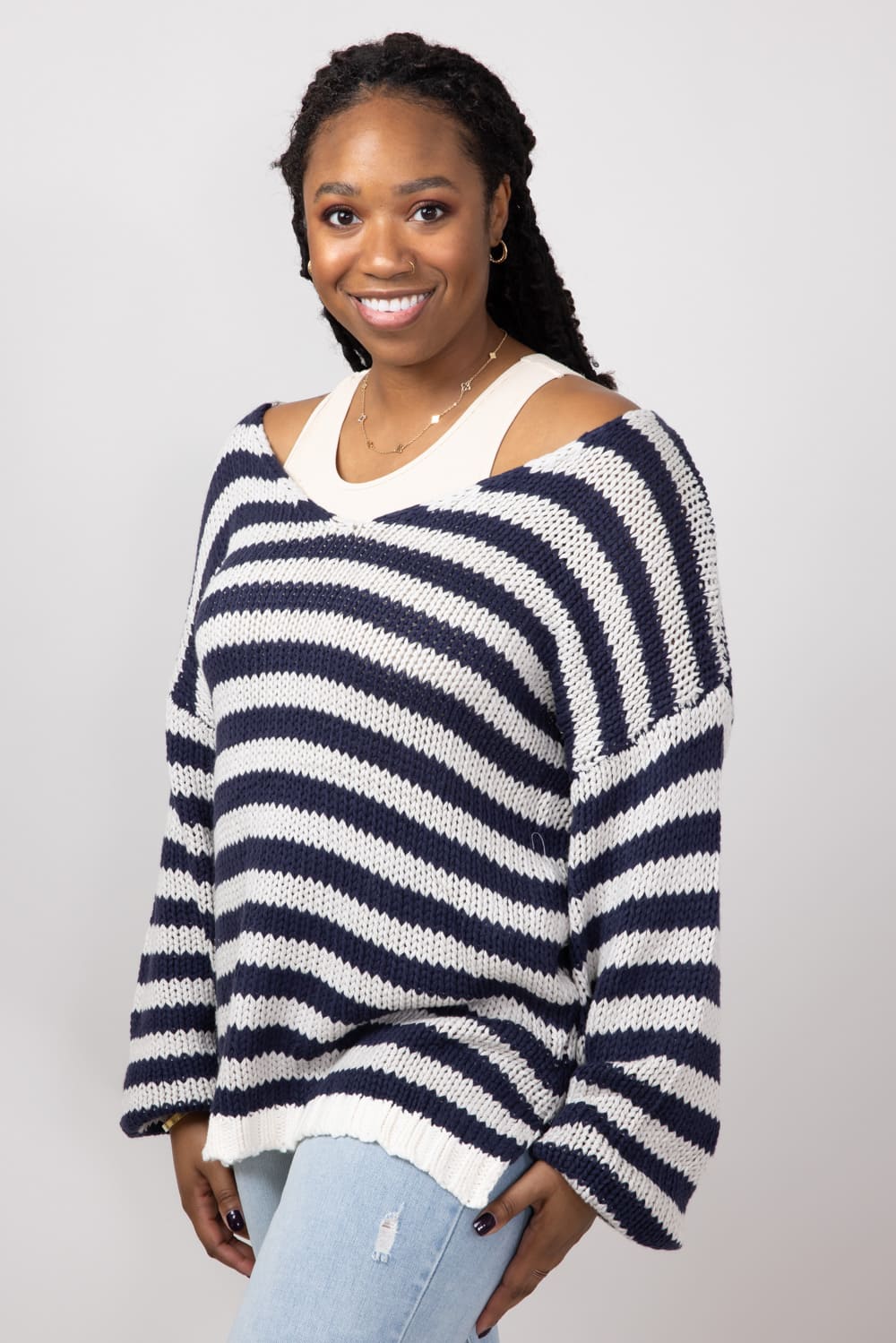 Miracle Striped V Neck Sweater for Women in Denim Combo | F183-DENIMCOMBO - Image 5