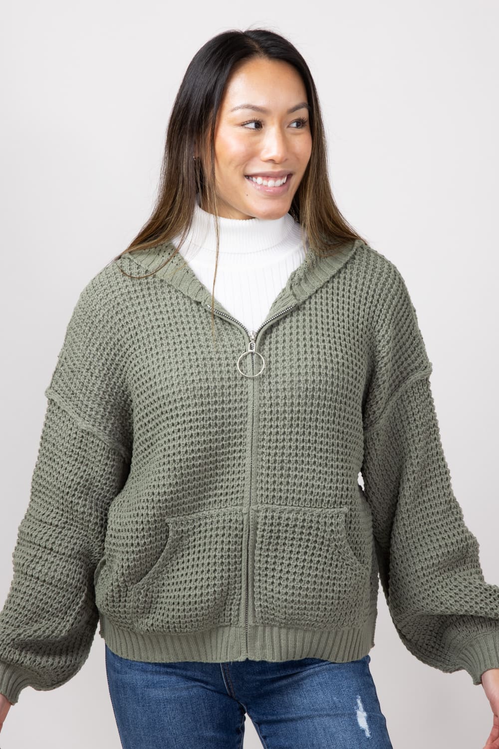 Miracle Textured Hooded Zip Sweater for Women in Sage | 7411-SAGE - Image 3