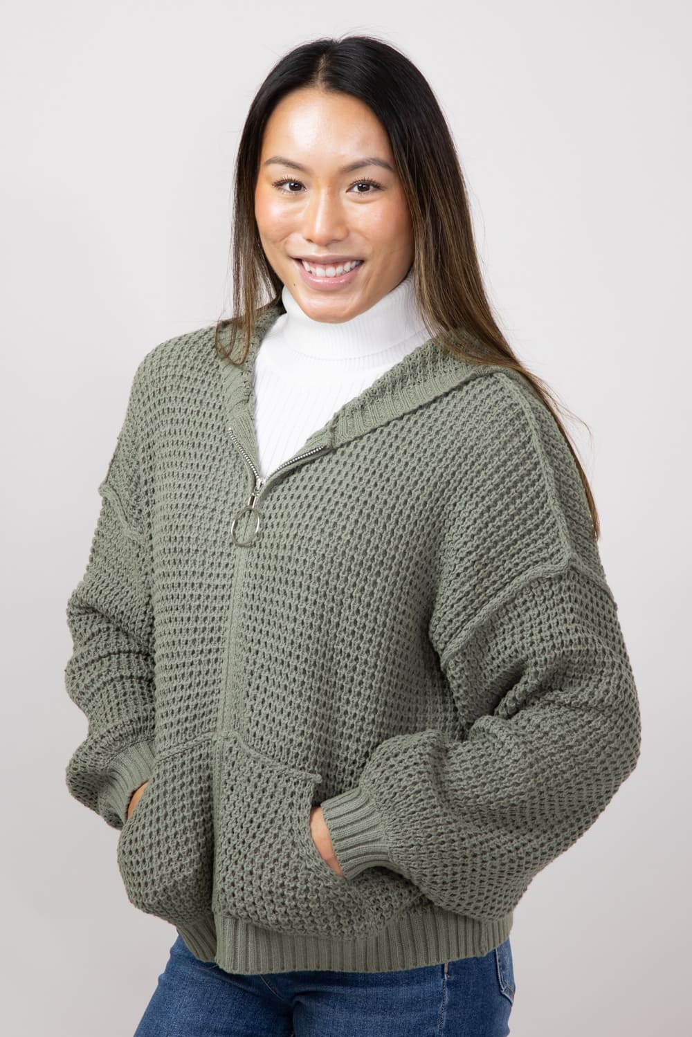 Miracle Textured Hooded Zip Sweater for Women in Sage | 7411-SAGE - Image 4
