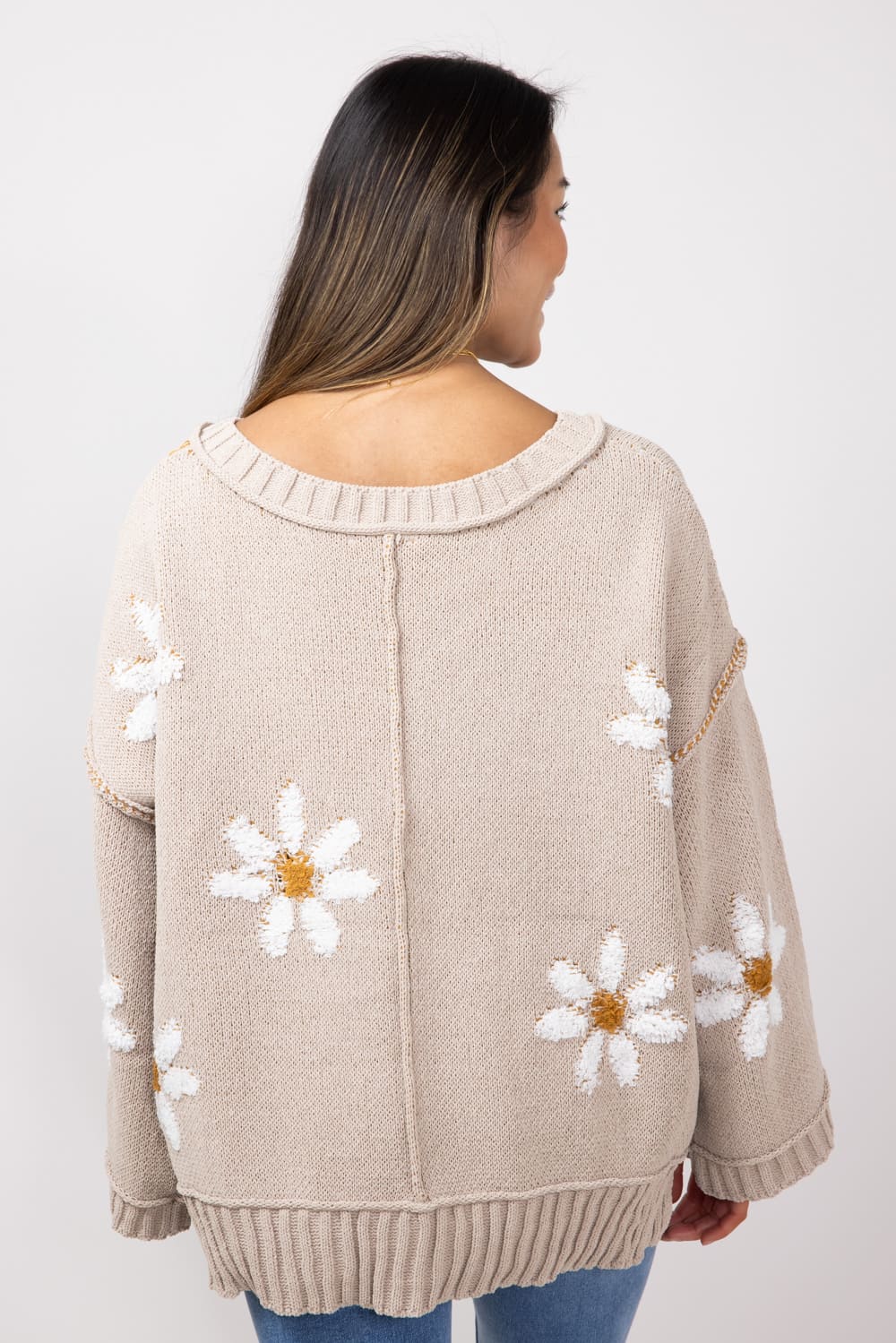 Miracle V Neck White Floral Sweater for Women in Taupe | 7418-TAUPE - Image 2