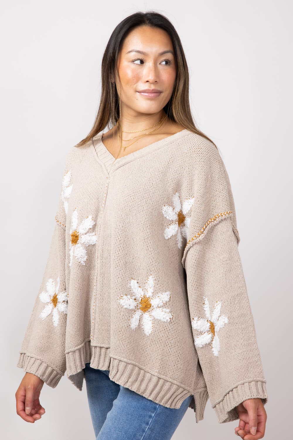 Miracle V Neck White Floral Sweater for Women in Taupe | 7418-TAUPE - Image 4