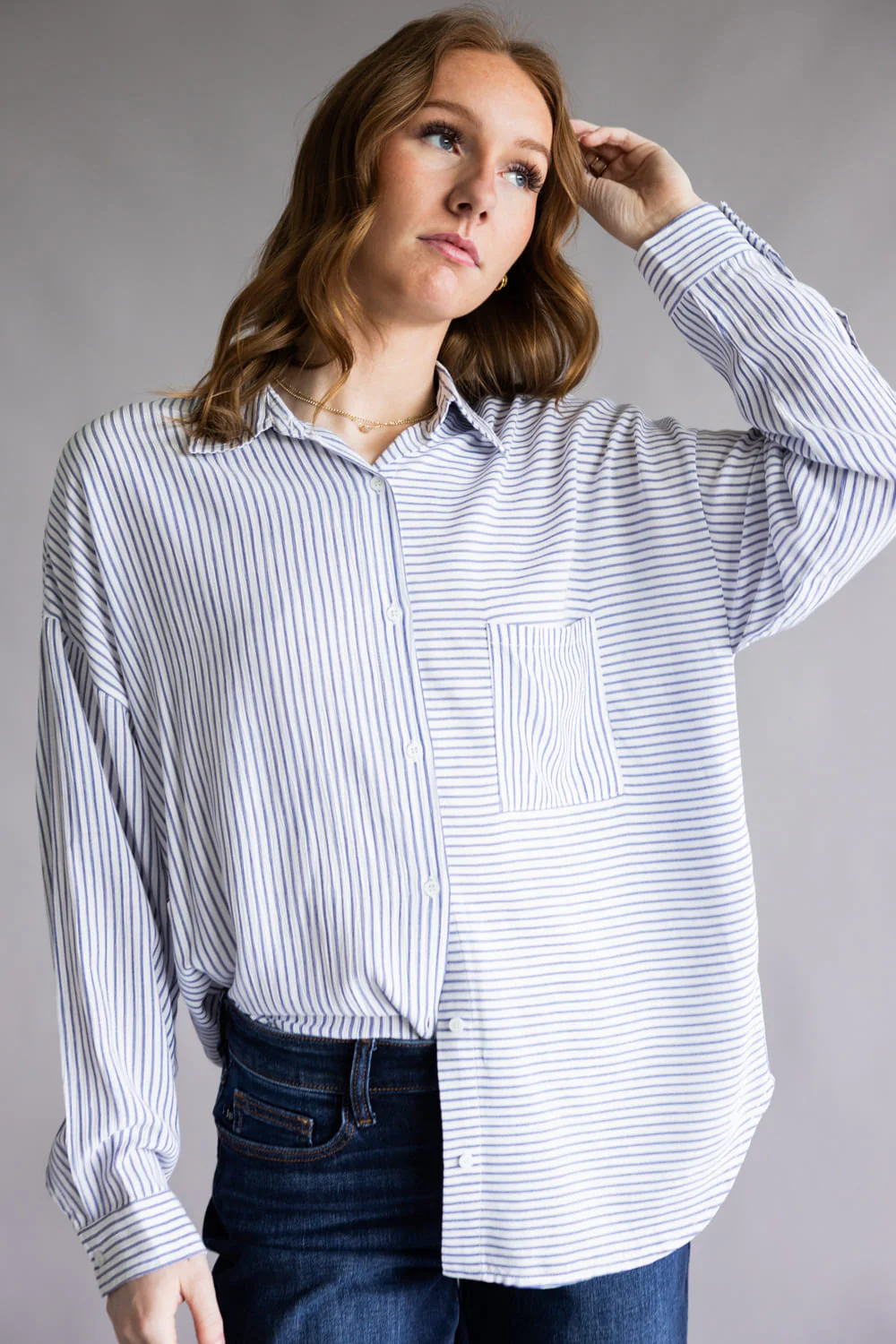 Mix Stripe Button Up Top for Women in Blue  | ACT12305-BLUE - Image 3