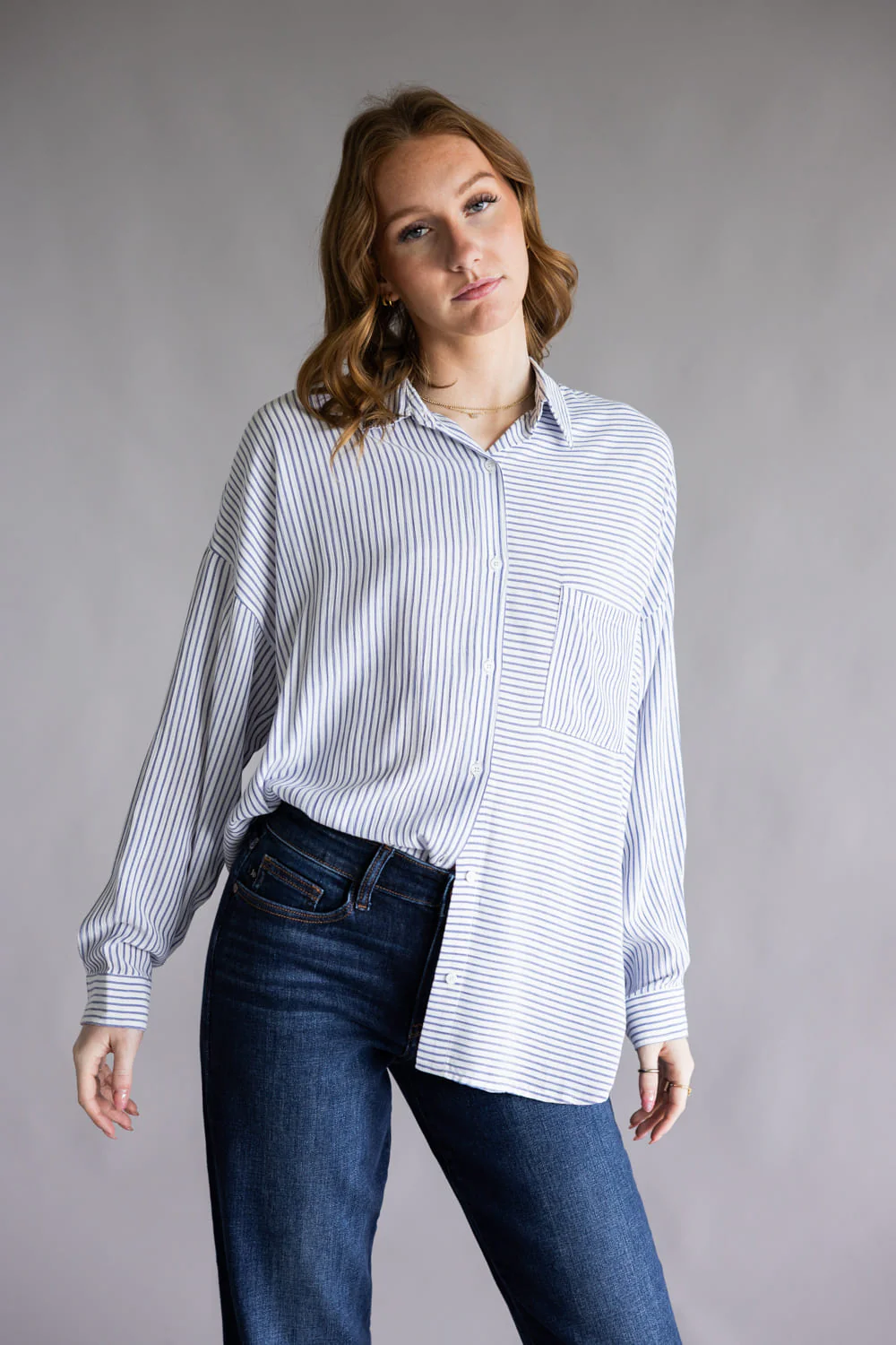 Mix Stripe Button Up Top for Women in Blue  | ACT12305-BLUE - Image 4
